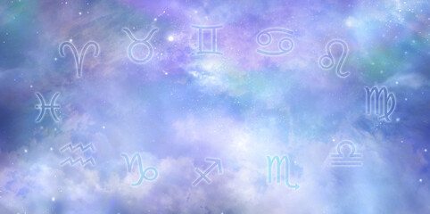 Wall Mural - the twelve celestial signs of the zodiac - beautiful heavenly cosmos background with 12 astrology si