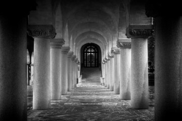 Wall Mural - Grayscale low angle shot of columns of building