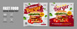 Fast food restaurant business marketing social media post or banner template design with abstract fire smoke background, logo and icon. Pizza, burger & hamburger sale promotion web flyer or poster.  