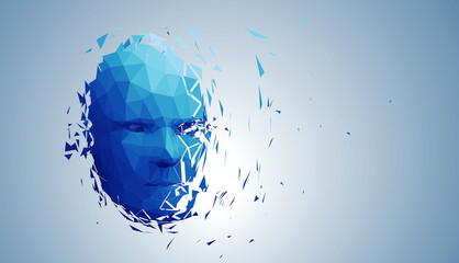 Human head, low poly style 3d vector wireframe object broken into different particles.