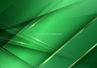 Abstract luxury green elegant geometric diagonal overlay layer background with golden lines.