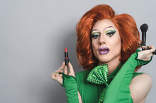 Happy Drag Queen Preparing Makeup In Studio - LGBTQ Concept