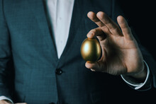Golden Egg In Businessman Hand. Concept Of Success, Profit, Or Wealth