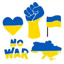 Ukraine War Vector Icon Set. Hand Drawn Vector Illustration Ukraine And Russia War. Stop War Sign, Human Fist, Heart, Ukraine Flag, Ukraine Country .