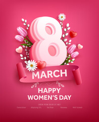 Wall Mural - 8 march women's day Poster or banner with flower and sweet hearts on pink background.Promotion and shopping template for Love and women's day concept