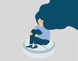 Sad woman sits on a pill and holds her knees. Stressed girl looks depressed and sits on an anti-depressant. Sedatives side effects on woman psychology, addiction and rehabilitation concept. Vector.