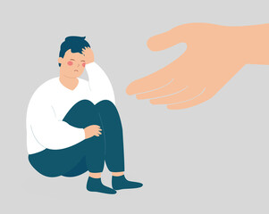 A big hand helps a young man to get rid of stress and depression. A male crying and covering his face. Lonely boy needs support and care because of anxiety, mental health illness concept. Vector