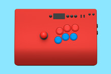 Vintage Red Arcade Stick With Joystick And Tournament-grade Buttons On Blue