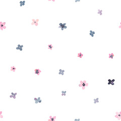 Floral seamless pattern with pink and gray flowers on white background. Watercolor illustration. Cute texture for wrapping, textile, wallpaper, apparel and fabric. Little flowers.