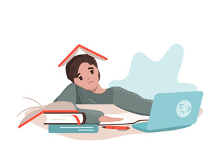 Tired sad boy reading books. Vector illustration on the theme of fatigue from the session, exams, tests and homework on a white background. Self-study, search for answers, procrastination.