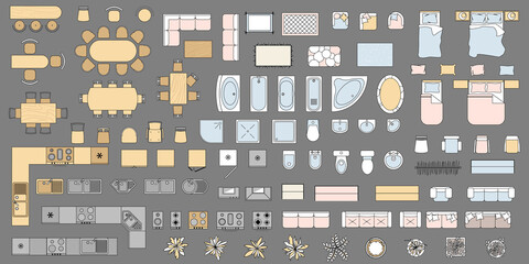 set of furniture top view. colored objects and elements for interior design of apartment, living roo
