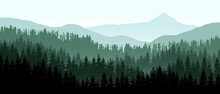 Beautiful Realistic Widescreen Vector With Dark Green Forested Mountains.
