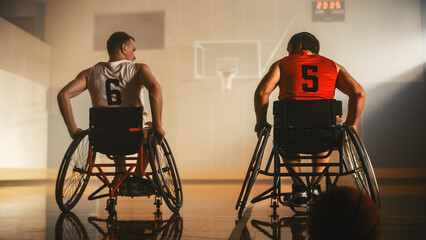 Court for Wheelchair Basketball Game of One on One. Competing Friends Ready to Play, Talk Before Game. Two Professional Players Determined to Win Match. Inspiration of People with Disability