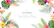 © lavendertime - Tropical banner arranged from exotic emerald leaves and exotic flowers