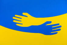Support For Ukraine. Embrace Icon, Arms Hugging, War In Ukraine, Attack From Russia. Papercut, Hands Hug Linear Vector Logo Template. Care, Love And Charity Symbol, Hand Drawn Vector Illustration
