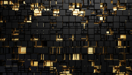 Poster - Futuristic Gold and Black squares extruded abstract background , 3d rendering