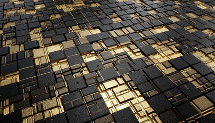 Poster - Futuristic Gold and Black squares extruded abstract background , 3d rendering