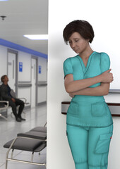 Wall Mural - A 3d digital rendering of a sad female nurse, standing around the corner, alone, in the hallway of a hospital. A tired man is dozing in the distance.