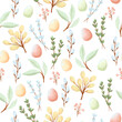 © StindyArt - Watercolor seamless pattern with eggs, spring leaves and branches in pastele colors