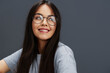 Brunette glasses on face fashion lifestyle gray t-shirt studio model
