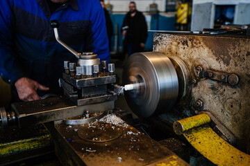 Wall Mural - Working lathe in the workshop, close up