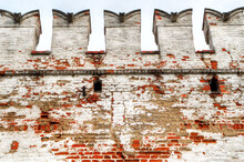 Old Fortress Wall Of Novodevichy Convent Close-up, Moscow, Russia