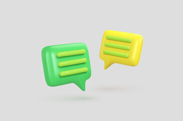 3d vector purple message green and yellow icons. Isolated cartoon mail sms objects on light background
