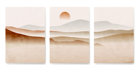 Minimalistic watercolor landscape design with mountains and dunes with sun. Vector art background for decoration, wallpaper, print