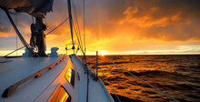 White Yacht Sailing In An Open Sea At Sunset. A View From The Deck To The Bow, Mast, Sails. Epic Cloudscape. Dramatic Sky With Glowing Golden Clouds After The Storm. Racing, Sport, Leisure Activity