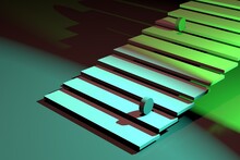 Disks Circles Roll Down The Steps. Round Circles Are Rolling Down The Stairs. Green Staircase Abstract Minimalism. 3D Illustration.