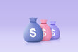 3D money bags saving on pastel background. Money bags growing business concept for finance, investment, online payment and payment. 3d money earning vector render isolated on pastel background