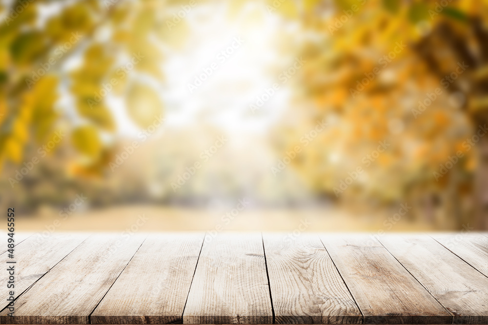 Empty wooden table with autumn for a catering or food background with a ...