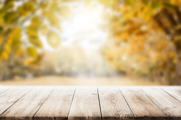 Empty wooden table with autumn for a catering or food background with a country outdoor theme,Template mock up for display of product