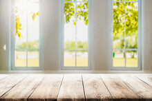 Blurred Wood Tables In The Kitchen On The Window Background In The Morning Autumn Foliage  For Editing In Your Product