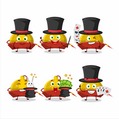 Sticker - A yellow chinese traditional hat Magician cartoon character perform on a stage