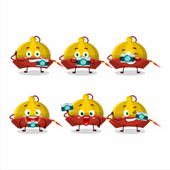 Sticker - Photographer profession emoticon with yellow chinese traditional hat cartoon character