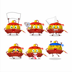 Sticker - Mascot design style of yellow chinese traditional hat character as an attractive supporter