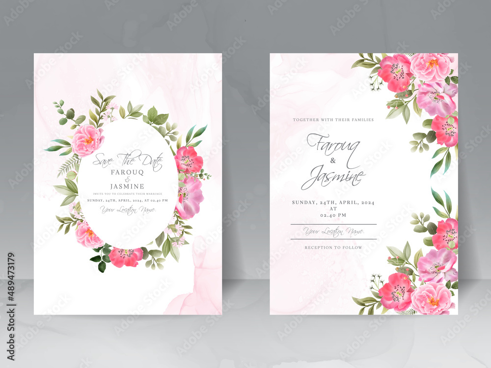 wedding invitation card set with beautiful pink flowers design Stock ...