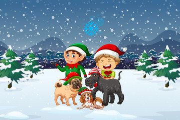 Poster - Snowy christmas night scene with elves and dogs