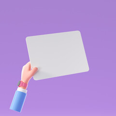 Poster - Hand using tablet mockup, 3D Cartoon hand holding tablet, paper mockup isolated background. 3d render illustration