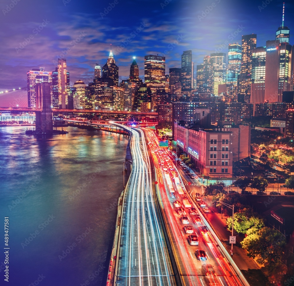 city skyline at night Manhattan traffic New York City usa beautiful ...