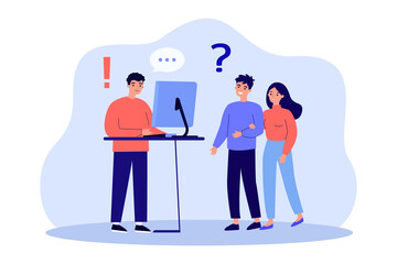 Wall Mural - Couple of clients asking question to shop assistant. Worker with computer talking to man and woman flat vector illustration. Customer support, communication, assistance concept for banner