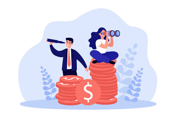 Poster - business people with stacks of gold coins. man holding spyglass, woman with binoculars flat vector i