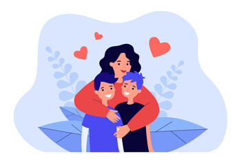 Wall Mural - Cartoon mother hugging two teen sons. Smiling woman embracing boys flat vector illustration. Family, motherhood, love, care, relationship concept for banner, website design or landing web page