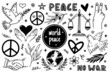 Peace symbol icon set. Hand drawn illustration isolated on white background. Pacifism sign - dove, handshake, olive branch, heart, planet. No war, monochrome doodle collection.