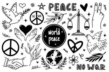 Peace symbol icon set. Hand drawn illustration isolated on white background. Pacifism sign - dove, handshake, olive branch, heart, planet. No war, monochrome doodle collection.