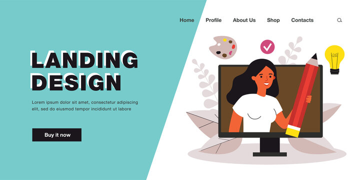 Distance drawing course with female artist. Woman on computer screen holding pencil flat vector illustration. Art master class online, hobby concept for banner, website design or landing web page
