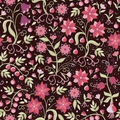 Wall Mural - Beautiful romantic floral ditsy ornament with flowers in red and purple colors, berries, green leaves and small white spots isolated on black background. Great fabric for a dress.