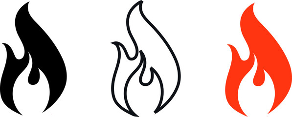 Sticker - Fire Flame icon in different style. Bonfire line Silhouette vector illustration on white background