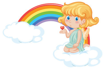 Wall Mural - Angel girl sitting on a cloud with rainbow